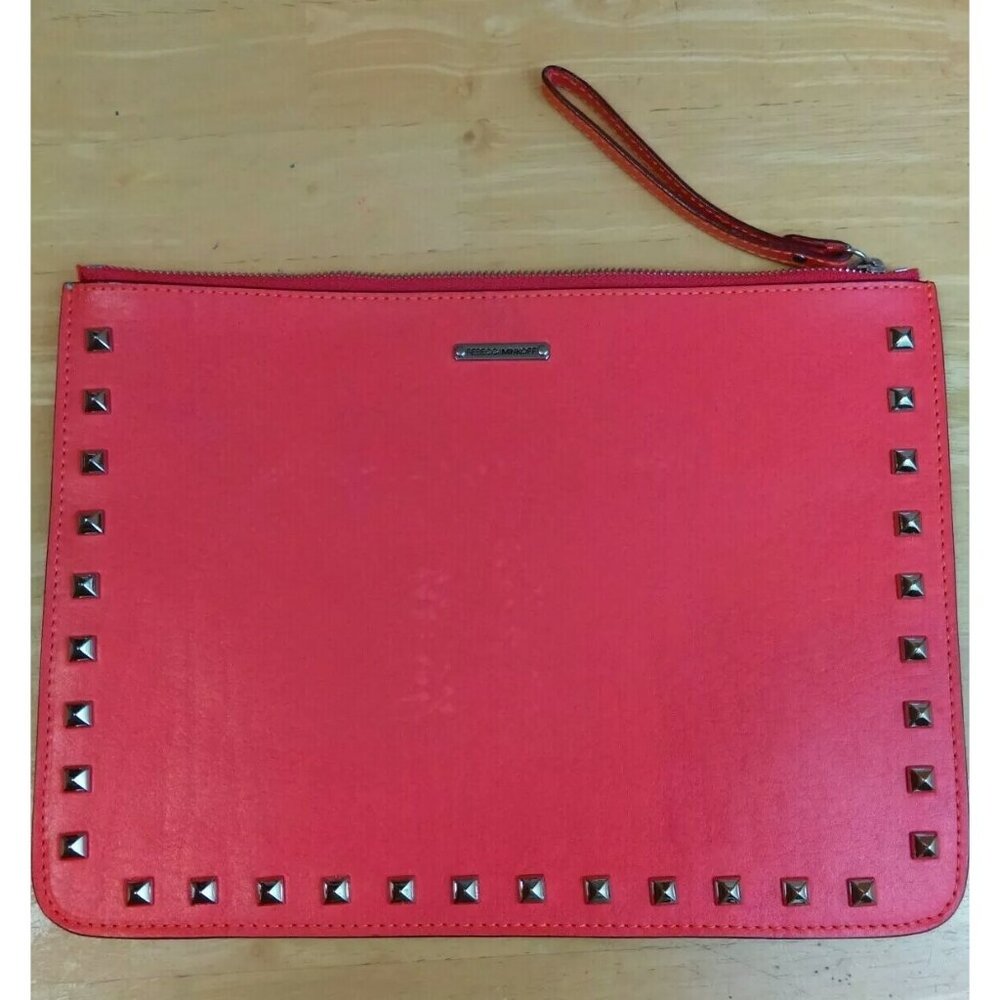 Rebecca Minkoff Orange and Blue Studded Leather 12"X9" Zipper Clutch Pouch